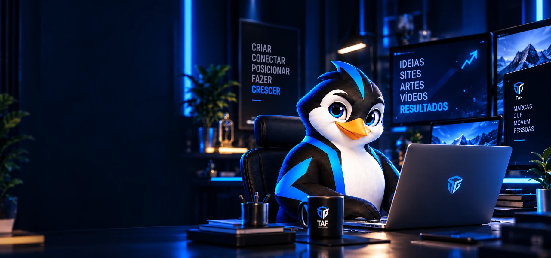 Pinguim da TAF em um estúdio criativo azul com notebook, monitores e elementos da agência