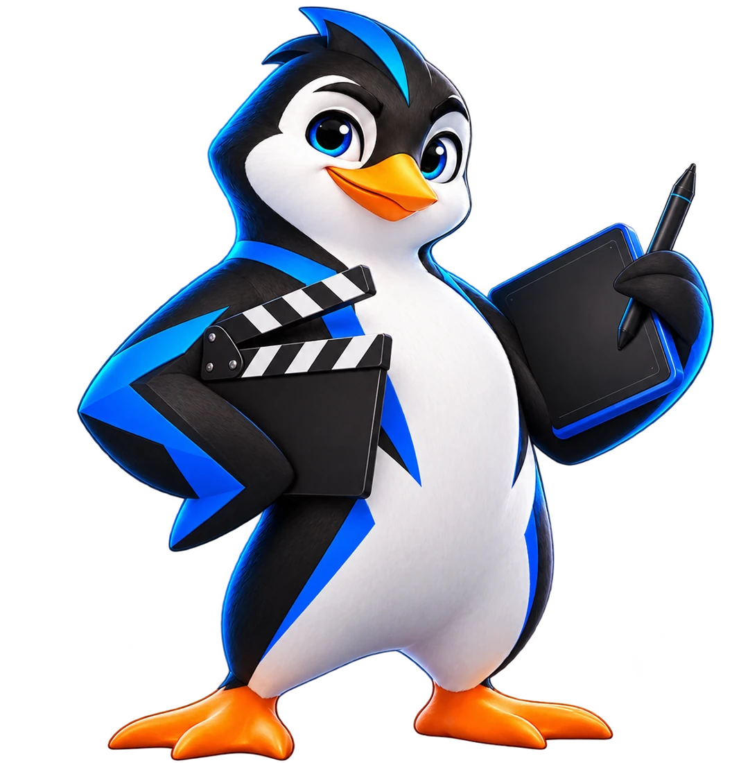 Mascote pinguim da TAF com claquete e mesa de desenho digital